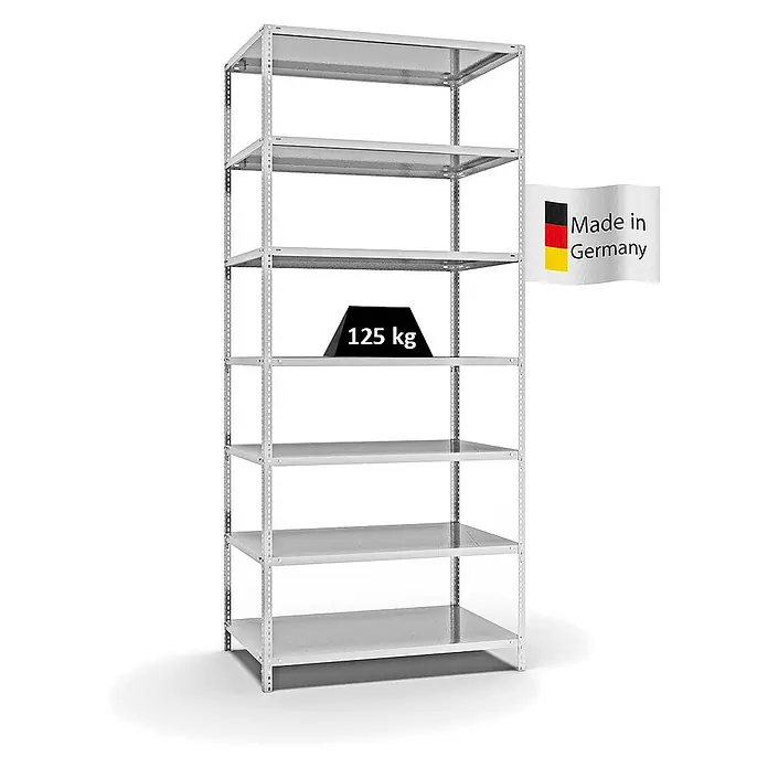 Proregal Metallregal MAGNUS Schraubsystem - H x B x T: 300 x 130 x 80 cm, Traglast pro Boden: 125 kg, Anzahl Böden: 7 Stk., Schrauben, Lichtgrau