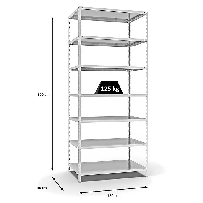 Proregal Metallregal MAGNUS Schraubsystem - H x B x T: 300 x 130 x 80 cm, Traglast pro Boden: 125 kg, Anzahl Böden: 7 Stk., Schrauben, Lichtgrau