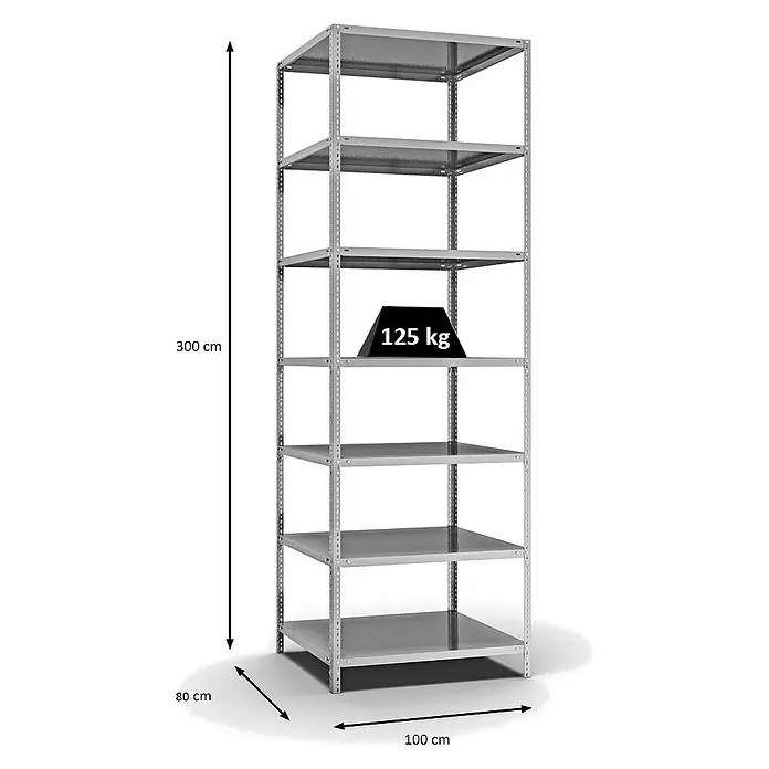 Proregal Metallregal MAGNUS Schraubsystem - H x B x T: 300 x 100 x 80 cm, Traglast pro Boden: 125 kg, Anzahl Böden: 7 Stk., Schrauben, Verzinkt