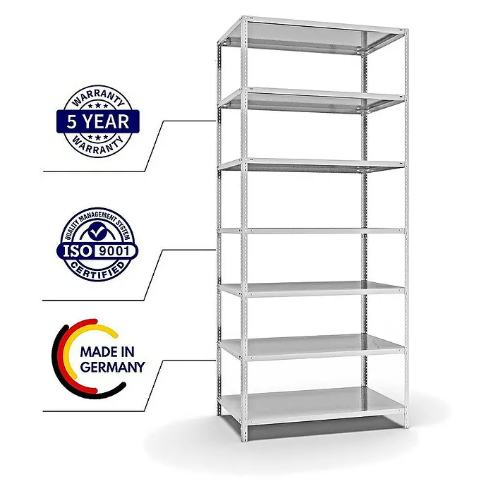 Proregal Metallregal MAGNUS Schraubsystem - H x B x T: 300 x 130 x 80 cm, Traglast pro Boden: 125 kg, Anzahl Böden: 7 Stk., Schrauben, Lichtgrau