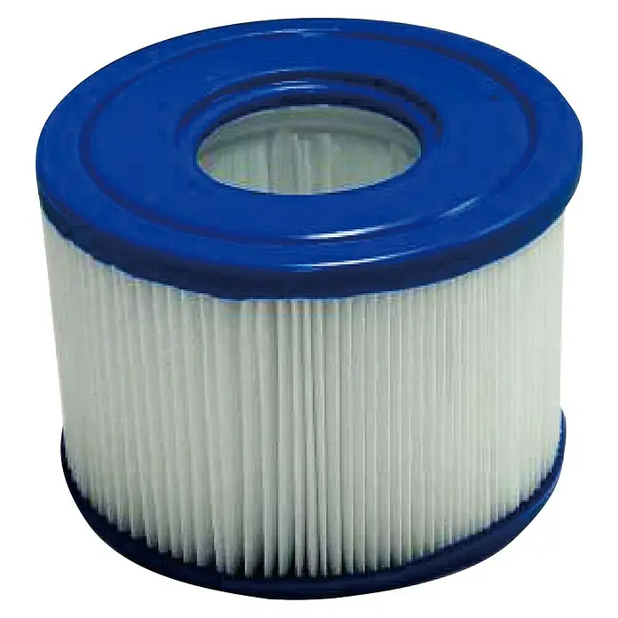 Malibu Filterkartusche Spa Gr. VI - Ø x H: 10,6 x 8 cm, Gesamtstückzahl: 2 Stk. - Nahaufnahme eines blauen und weißen Poolfilter, ein wesentliches Element für die Poolpflege.