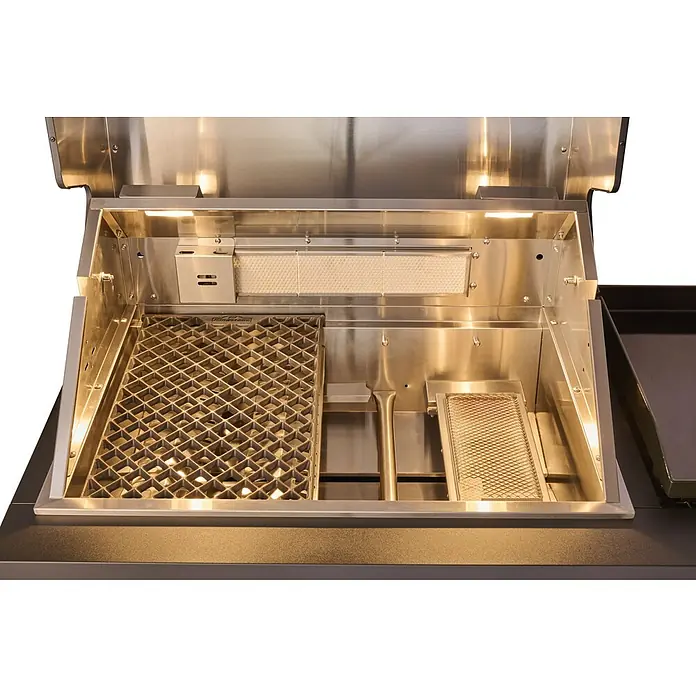 Kingstone Cube Outdoorküche 4500 - Schwarz, Material Grillfläche: Gusseisen, Anzahl Brenner: 7 - Innenansicht eines Edelstahlgrills mit Grillrosten und Heizelement. Ideal für Grillliebhaber.