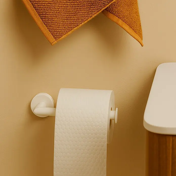 Cosmic Portarrollos Dual Start - Sin tapa, Blanco - Primer plano de un rollo de papel higiénico blanco con patrón de panal sobre un soporte contra una pared beige con toalla marrón.