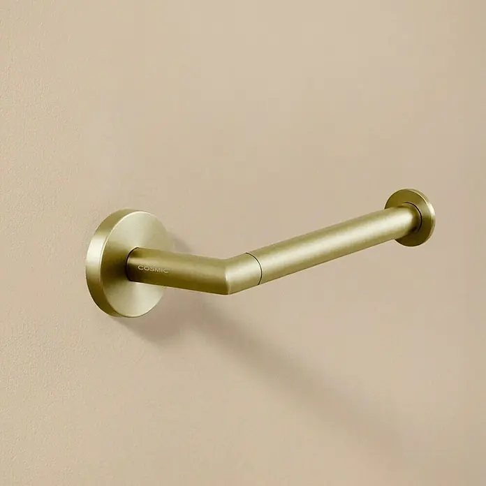 Cosmic Portarrollos Dual Start - Sin tapa, Oro - Primer plano de un moderno portarrollos de papel higiénico dorado de Cosmic montado en la pared. Diseño elegante para tu baño.