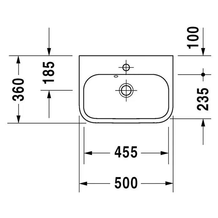Duravit Happy D.2 Waschbecken - 50 x 36 cm, Ohne Spezialglasur, Hahnloch: Mitte, Mit Überlauf, Weiß, Waschbecken geeignet für: Möbel - Technische Zeichnung eines Waschbeckens mit Maßangaben für Breite, Tiefe und Höhe, ideal für Badplanung.