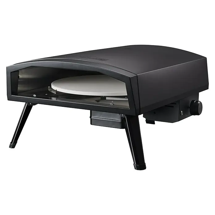 Kingstone Cube Outdoorküche - 4 -tlg., Stahl, Sintered Stone, Schwarz, Material Grillfläche: Gusseisen, Anzahl Brenner: 7 Stk. - Hier ist ein detailreiches Foto eines tragbaren Pizzaofens mit Steinplatte, der auf einem Tisch steht, vor einem neutralen Hintergrund.