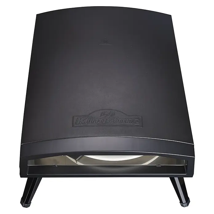 Kingstone Pizzaofen Pizzanello XL - Durchmesser Grillfläche: 44 cm, 5,6 kW, Schwarz, Stahl - Nahaufnahme eines Kingston-Pizzaofens mit seinem schlanken, schwarzen Design, das sich gut für die Zubereitung köstlicher hausgemachter Pizzen eignet.