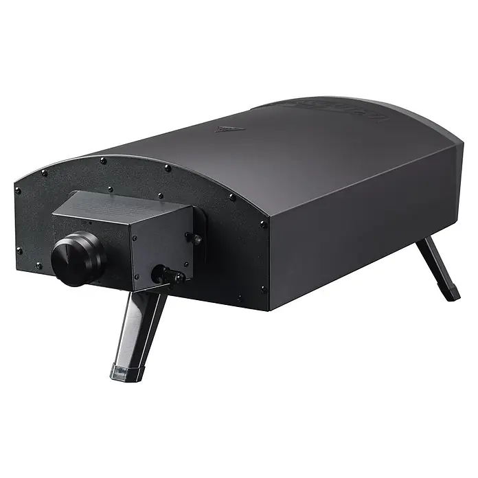 Kingstone Pizzaofen Pizzanello M - Grillfläche (B x T): 30 x 30 cm, 3,8 kW, Schwarz, Stahl - Bild eines schwarzen Pizzaofens auf Füßen. Er ist kompakt und hat einen runden Deckel mit einem Drehknopf zur Steuerung der Temperatur.