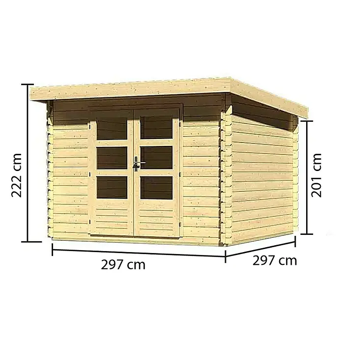 Karibu Gartenhaus Bastrup 5 - Außenmaß inkl. Dachüberstand (B x T): 315 x 333 cm, Holz, Natur - Ansicht eines Holzschuppens mit Maßangaben für Höhe, Breite und Tiefe. Abgebildet sind 297 cm Breite und Tiefe, 222 cm und 201 cm Höhe.