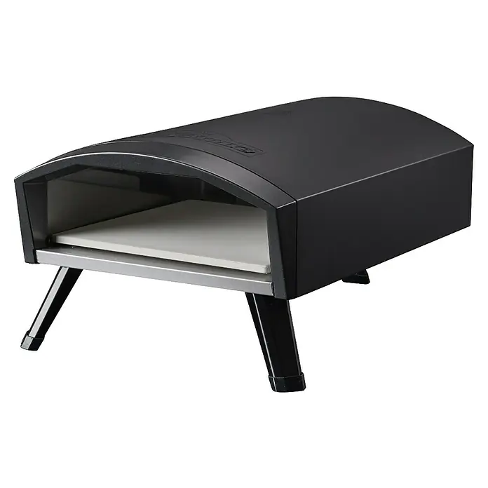 Kingstone Cube Outdoorküche II - 3 -tlg., Stahl, Sintered Stone, Schwarz, Material Grillfläche: Gusseisen, Anzahl Brenner: 7 Stk. - Pizzaofen mit Steinplatte auf einem schwarzen Gestell. Der Ofen hat eine abgerundete Oberseite und eine silberne Ablage.
