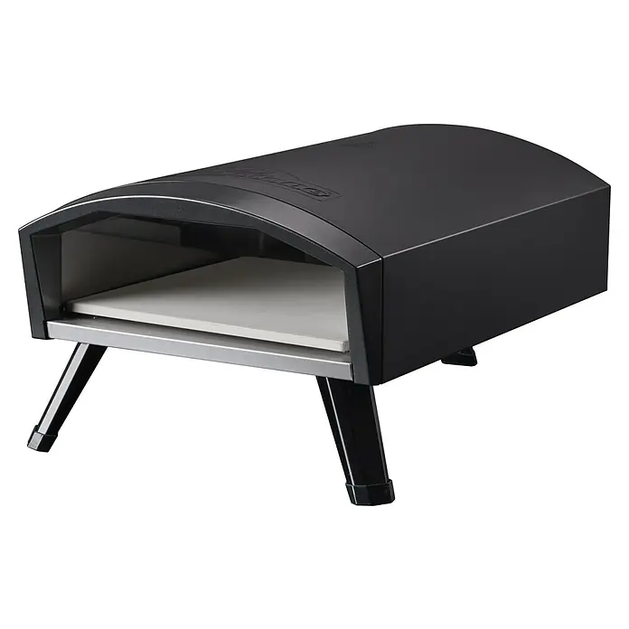 Kingstone Pizzaofen Pizzanello M - Grillfläche (B x T): 30 x 30 cm, 3,8 kW, Schwarz, Stahl - Ein hochwertiger, tragbarer Pizzaofen in Schwarz mit Steinplatte und silberfarbenem Untergestell, ideal für köstliche, selbstgemachte Pizzen.