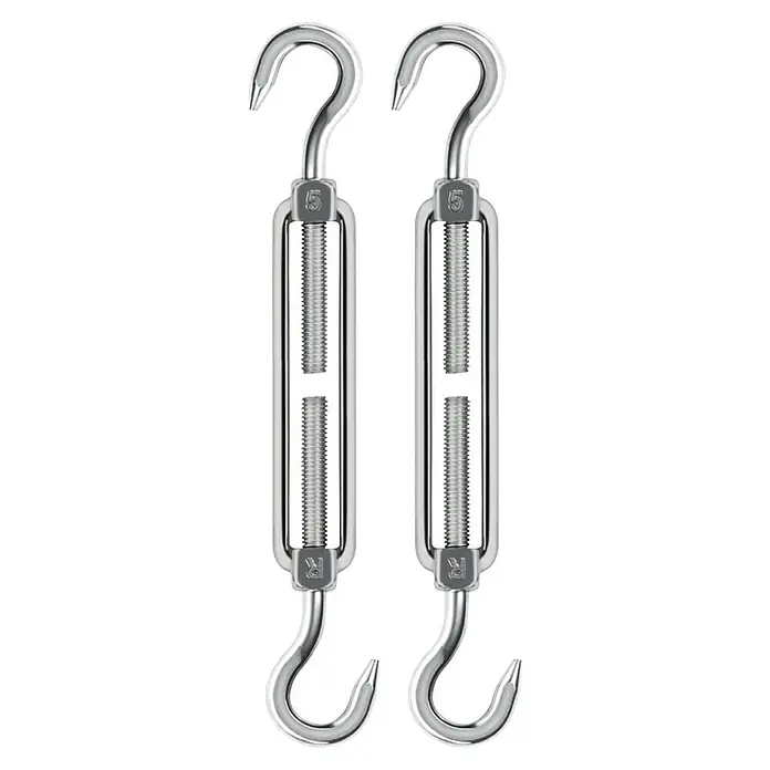 Sunfun Befestigungs-Set - Edelstahl, Passend für: Quadratische Sonnensegel - Nahaufnahme von zwei rostfreien Spannschlössern mit Haken. Ideal für robuste Befestigungen.
