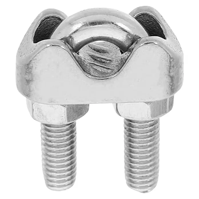 Sunfun Befestigungs-Set - Geeignet für: Sonnensegel - Nahaufnahme einer Drahtseilklemme aus Metall, die zur Befestigung und Sicherung von Drahtseilen verwendet wird.