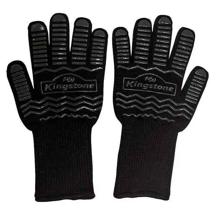 Kingstone Grillhandschuhe - Aramidfaser/Silikon, Einheitsgröße - Das Bild zeigt zwei schwarze Kingston Grillhandschuhe mit rutschfesten Silikonstreifen. Diese Handschuhe bieten Hitzeschutz und einen sicheren Griff beim Grillen.