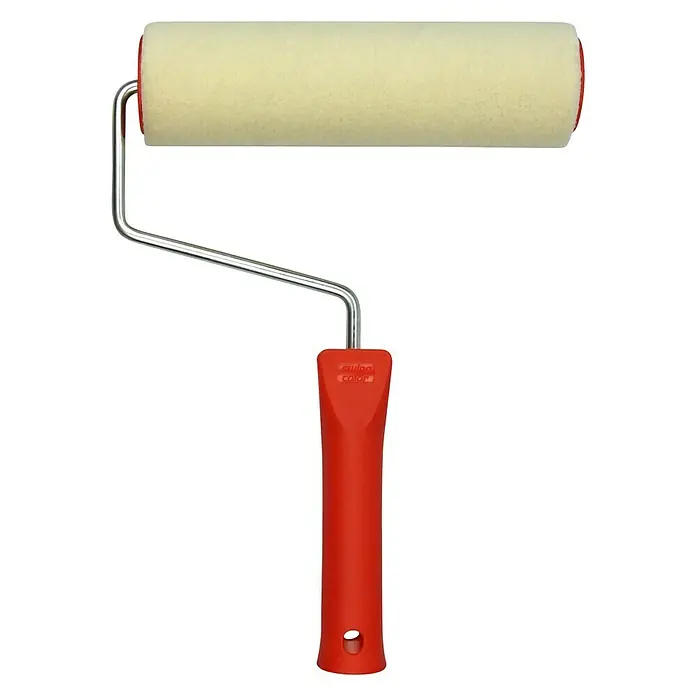 swingcolor Komfort Spezialroller - Breite Walze: 18 cm, Bügelstärke: 6 mm, Florhöhe: 4 mm - Ein cremefarbener Farbroller mit rotem Griff für präzises und effizientes Streichen.