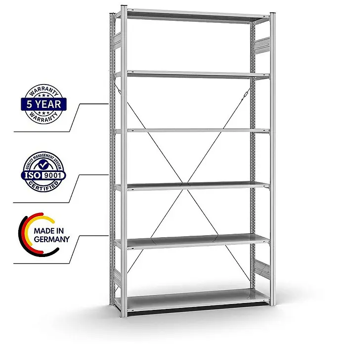 Proregal Metallregal MAGNUS Stecksystem - H x B x T: 250 x 130 x 40 cm, Traglast pro Boden: 95 kg, Anzahl Böden: 6 Stk., Stecken, Verzinkt