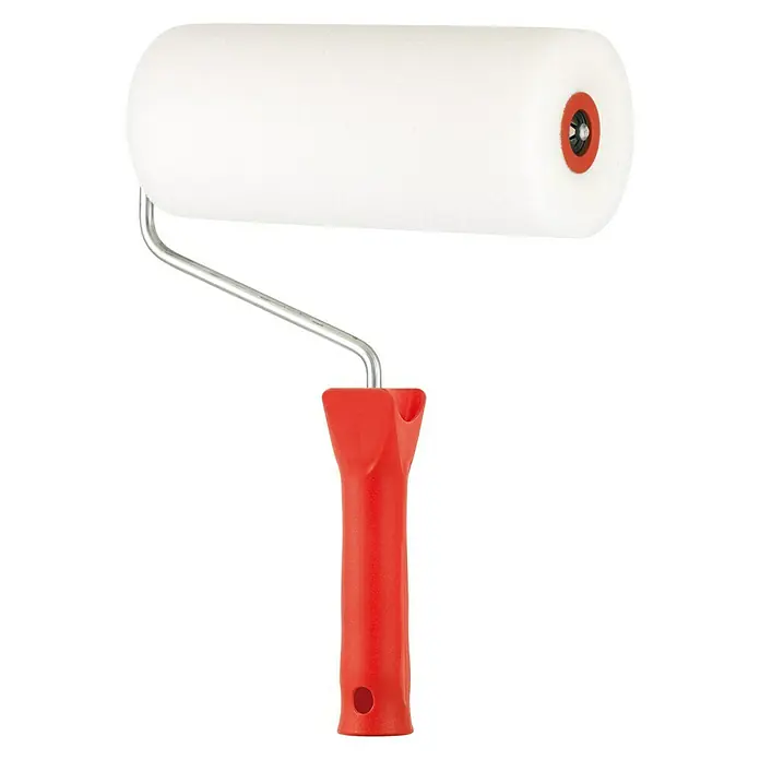Effektroller - Breite Walze: 18 cm, Bügelstärke: 6 mm - Nahaufnahme einer Schaumstoff-Farbwalze mit rotem Griff und Metallbügel, ideal zum Auftragen von Farbe auf glatten Oberflächen.
