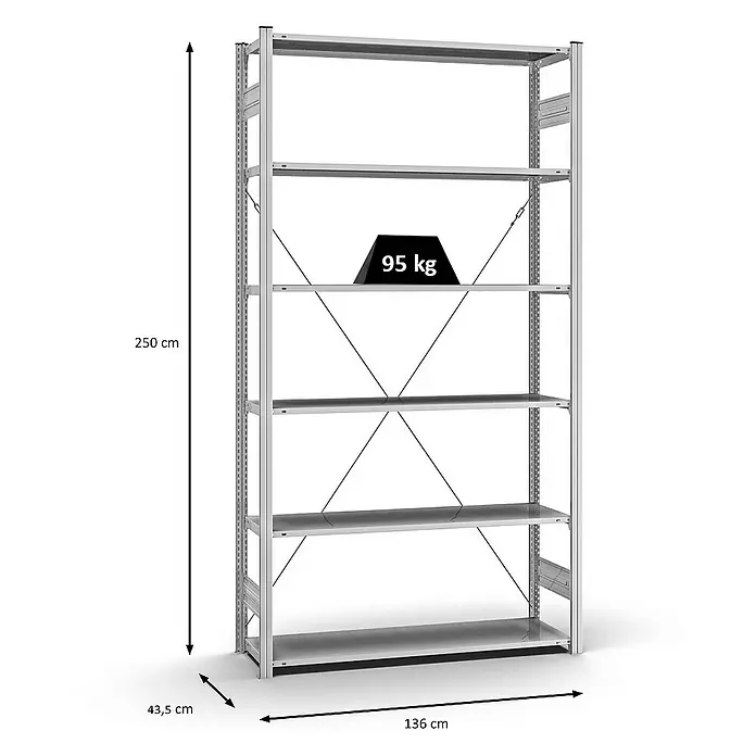 Proregal Metallregal MAGNUS Stecksystem - H x B x T: 250 x 130 x 40 cm, Traglast pro Boden: 95 kg, Anzahl Böden: 6 Stk., Stecken, Verzinkt