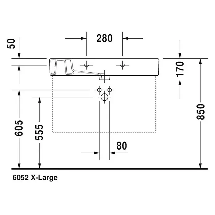 Duravit Vero Waschtisch - 85 x 49 cm, Mit schmutzabweisender Glasur, Hahnloch: Mitte, Mit Überlauf, Weiß, Ungeschliffen - Technische Zeichnung des Duravit 6052 X-Large Waschtisches mit Maßen für Installation und Design.