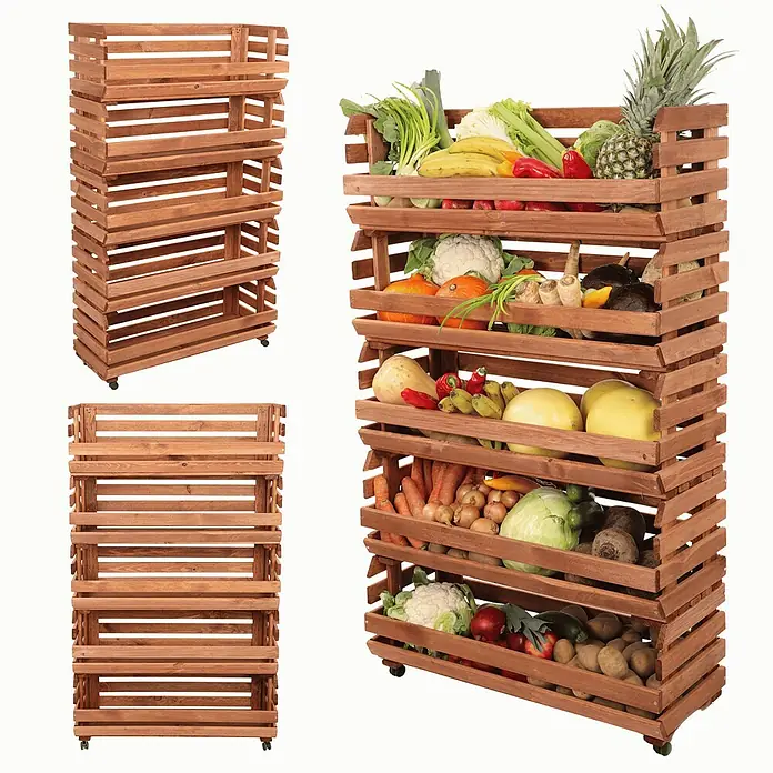 Proregal Holzregal Gemüseregal VeggieRoll mit Rollen - Anzahl Böden: 5 Stk., Schrauben, Braun