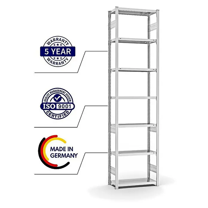 Proregal Metallregal MAGNUS Stecksystem - H x B x T: 300 x 75 x 30 cm, Traglast pro Boden: 150 kg, Anzahl Böden: 7 Stk., Stecken, Lichtgrau