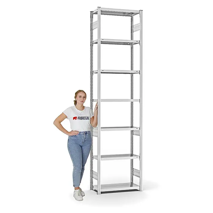 Proregal Metallregal MAGNUS Stecksystem - H x B x T: 300 x 75 x 30 cm, Traglast pro Boden: 150 kg, Anzahl Böden: 7 Stk., Stecken, Lichtgrau