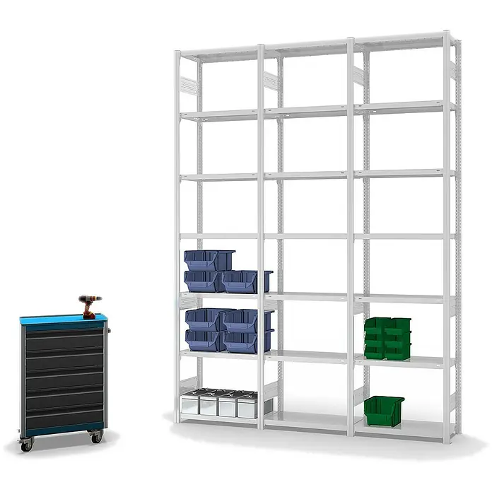 Proregal Metallregal MAGNUS Stecksystem - H x B x T: 300 x 75 x 30 cm, Traglast pro Boden: 150 kg, Anzahl Böden: 7 Stk., Stecken, Lichtgrau