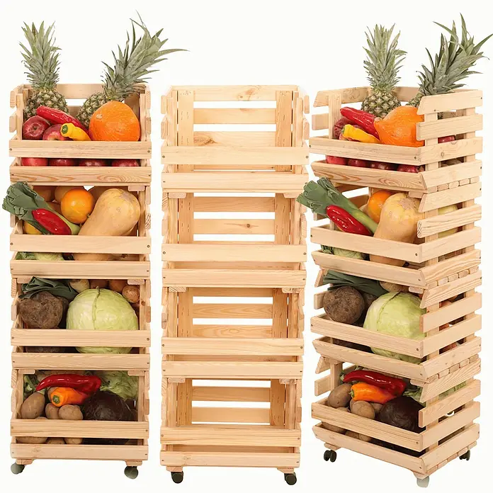 Proregal Holzregal Gemüseregal VeggieRoll mit Rollen - Anzahl Böden: 4 Stk., Schrauben, Natur