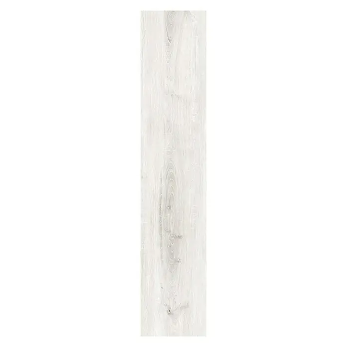LOGOCLIC Laminado Roble Polar - 1.200 x 196 x 7 mm, Roble Polar, AC5 - Primer plano de una sola baldosa de tablón de madera blanca con sutiles vetas, ideal para interiores modernos.