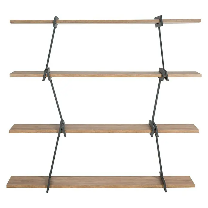 Phönix Holzregal Babylon - H x B x T: 134 x 120 x 30 cm, Traglast pro Boden: 10 kg, Anzahl Böden: 4 Stk., Schrauben, Tobacco Oak / Schwarz matt - Dieses Bild zeigt ein modernes Bücherregal mit vier Holzregalen, die durch ein diagonales, schwarzes Metallgestell verbunden sind. Das Regal hat ein minimalistisches Design.
