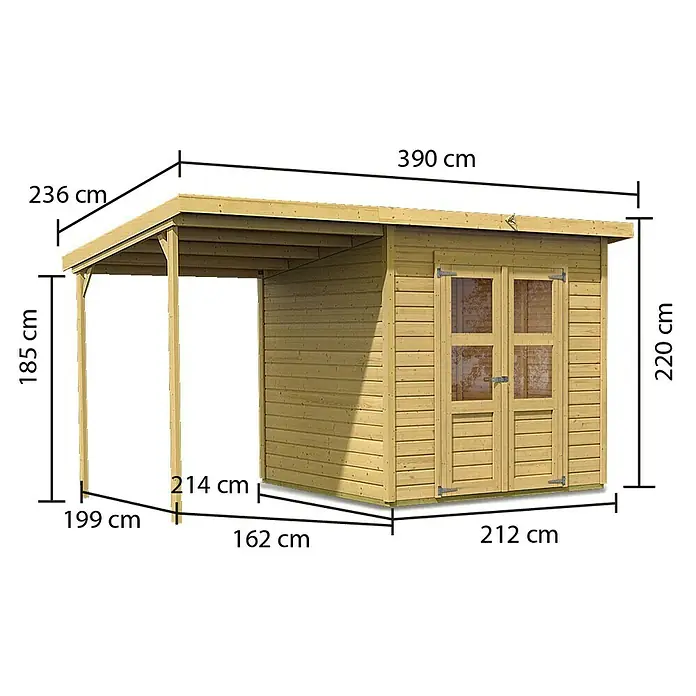 Karibu Gartenhaus Merseburg 4 - Außenmaß inkl. Dachüberstand (B x T): 390 x 236 cm, Holz, Natur, Mit Seitendach - Abbildung eines Holzgartenschuppens mit Vordach und den dazugehörigen Abmessungen.
