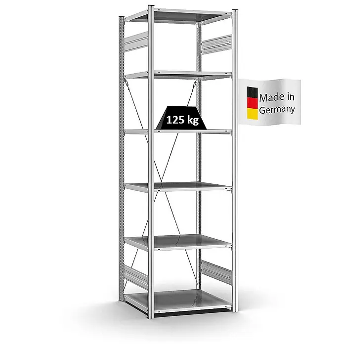 Proregal Metallregal MAGNUS Stecksystem - H x B x T: 250 x 75 x 60 cm, Traglast pro Boden: 125 kg, Anzahl Böden: 6 Stk., Stecken, Verzinkt