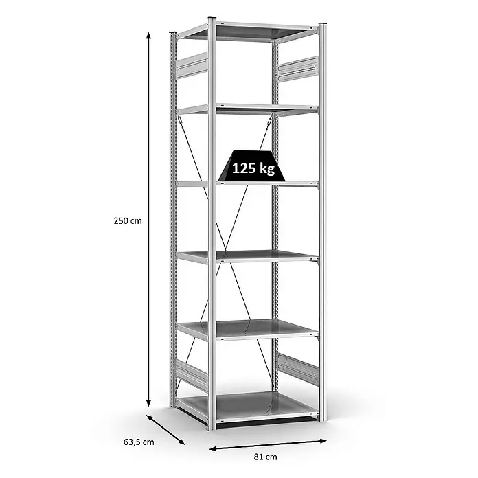 Proregal Metallregal MAGNUS Stecksystem - H x B x T: 250 x 75 x 60 cm, Traglast pro Boden: 125 kg, Anzahl Böden: 6 Stk., Stecken, Verzinkt