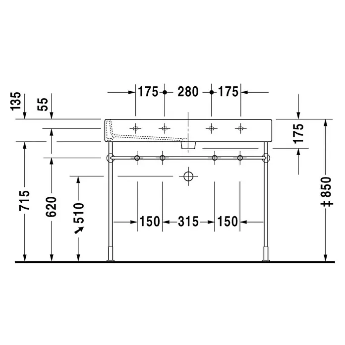 Duravit Vero Doppelwaschtisch - 100 x 47 cm, Ohne Spezialglasur, Hahnloch: Mitte, Mit Überlauf, Weiß, Ungeschliffen - Technische Zeichnung eines Waschtischs mit Maßangaben zu Höhe, Breite und Tiefe für Installationszwecke.