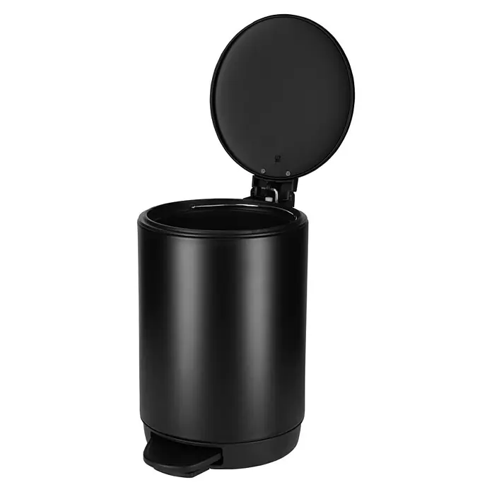 Camargue Kosmetikeimer - 3 l, Kunststoff, Mattschwarz - Ein stilvoller, runder, schwarzer Treteimer mit geöffnetem Deckel. Ideal für Badezimmer oder Küche, bietet er praktische Abfallentsorgung mit modernem Design.