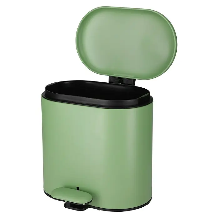 Camargue Kosmetikeimer - 3 l, Kunststoff, Mint - Ein grüner Treteimer mit schwarzem Rand und offenem Deckel auf einem dunklen Hintergrund. Praktisch und stilvoll für jeden Raum.