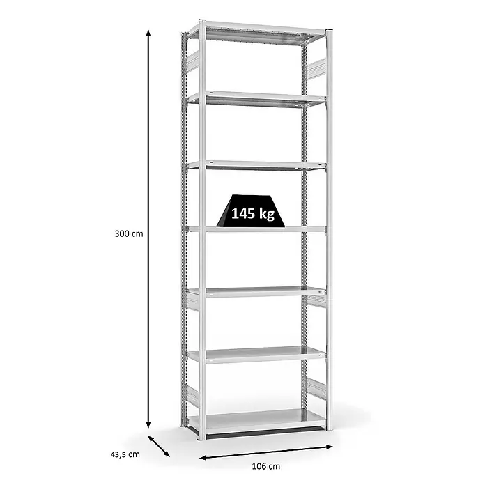 Proregal Metallregal MAGNUS Stecksystem - H x B x T: 300 x 100 x 40 cm, Traglast pro Boden: 145 kg, Anzahl Böden: 7 Stk., Stecken, Lichtgrau