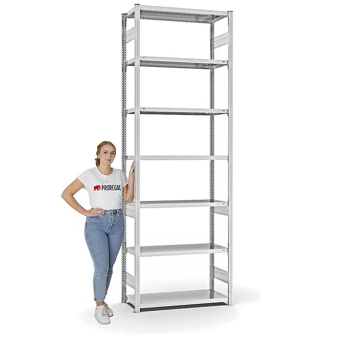 Proregal Metallregal MAGNUS Stecksystem - H x B x T: 300 x 100 x 40 cm, Traglast pro Boden: 145 kg, Anzahl Böden: 7 Stk., Stecken, Lichtgrau