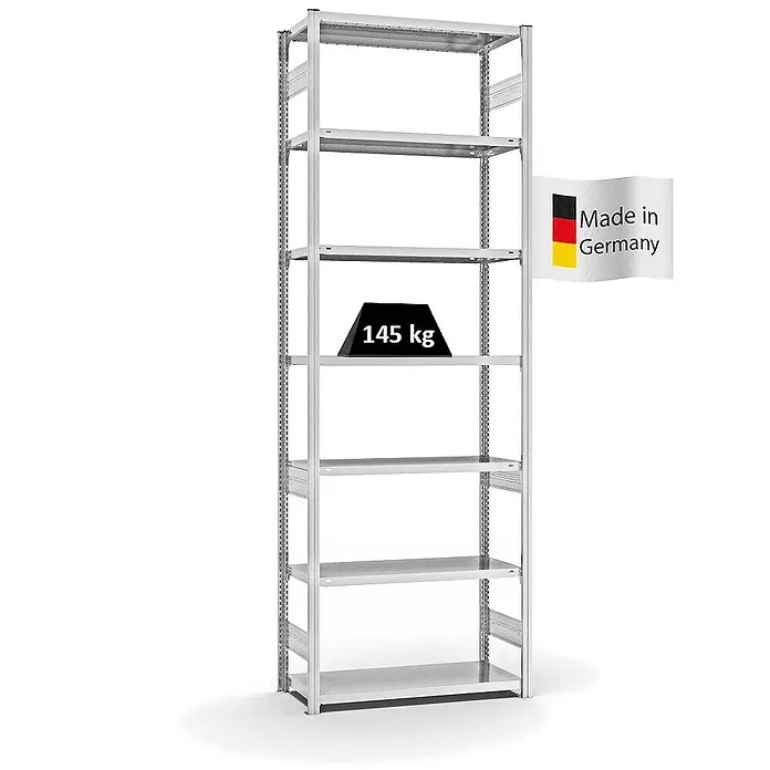 Proregal Metallregal MAGNUS Stecksystem - H x B x T: 300 x 100 x 40 cm, Traglast pro Boden: 145 kg, Anzahl Böden: 7 Stk., Stecken, Lichtgrau