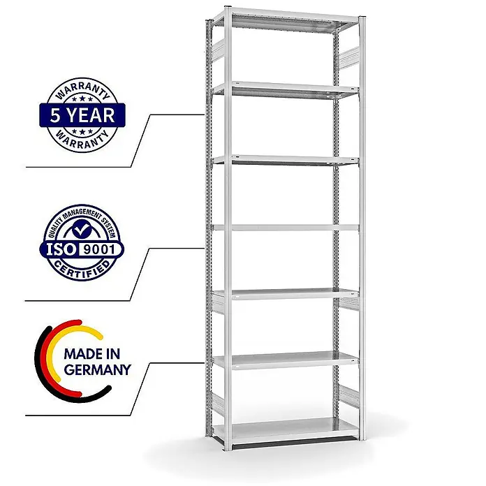 Proregal Metallregal MAGNUS Stecksystem - H x B x T: 300 x 100 x 40 cm, Traglast pro Boden: 145 kg, Anzahl Böden: 7 Stk., Stecken, Lichtgrau