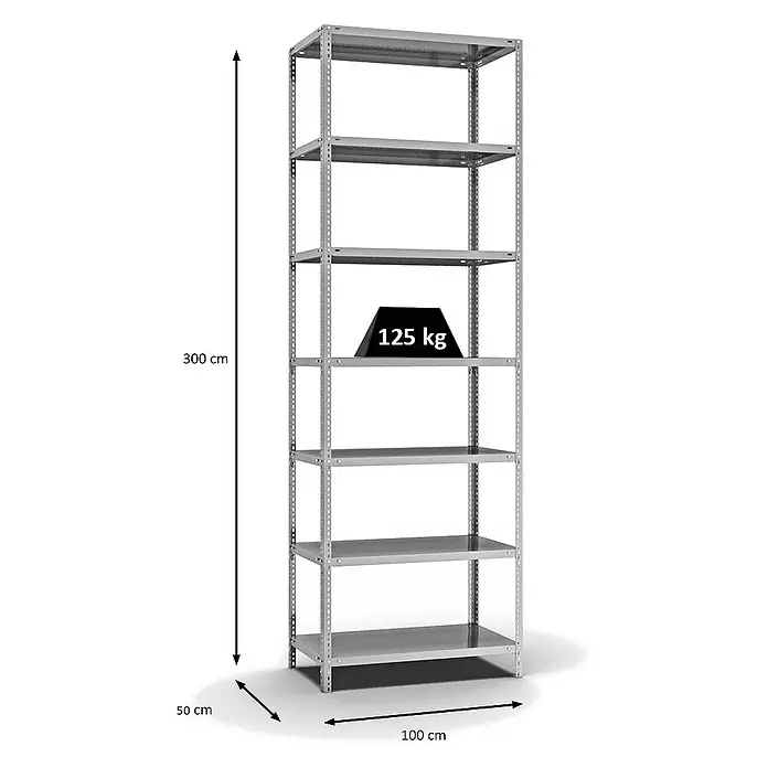 Proregal Metallregal MAGNUS Schraubsystem - H x B x T: 300 x 100 x 50 cm, Traglast pro Boden: 125 kg, Anzahl Böden: 7 Stk., Schrauben, Verzinkt