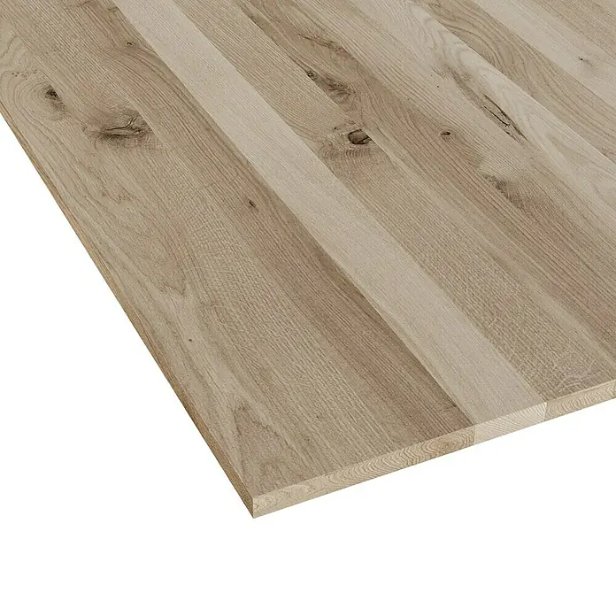 Leimholzplatte Wildeiche - Eiche, Qualitätsstufe Leimholzplatte: B/C, 1.800 x 1.210 x 19 mm - Detailaufnahme einer hellen Holzarbeitsplatte mit deutlicher Maserung, ideal für Küchen- oder Tischdesign.