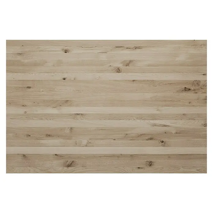 Leimholzplatte Wildeiche - Eiche, Qualitätsstufe Leimholzplatte: B/C, 1.800 x 1.210 x 19 mm - Nahaufnahme einer hellen Holzarbeitsplatte mit einer deutlichen Maserung, die eine robuste und natürliche Ästhetik für Arbeitsbereiche bietet.
