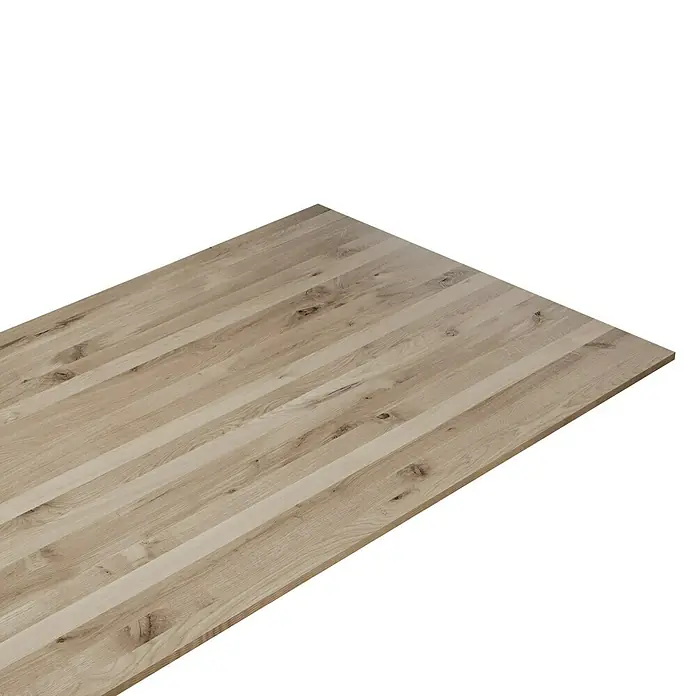 Leimholzplatte Wildeiche - Eiche, Qualitätsstufe Leimholzplatte: B/C, 2.400 x 1.210 x 19 mm - Helles Holzpaneel mit einer natürlichen Maserung und einer glatten Oberfläche, ideal für Möbelbau oder Wandverkleidungen.