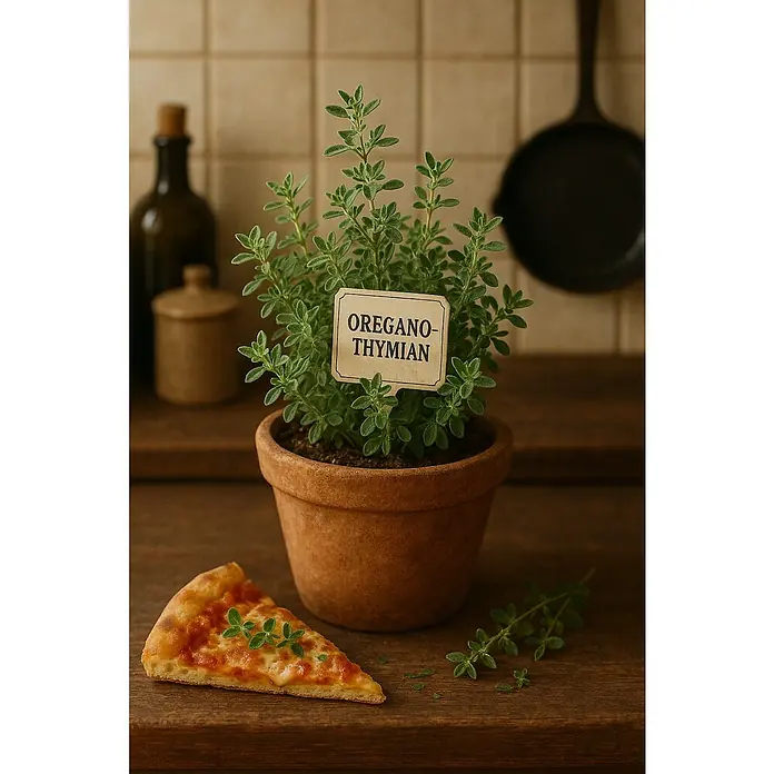Blu Bio Oregano Thymian - Thymus species, Topfgröße: 12 cm - Oregano-Thymian Pflanze im Topf neben einem Stück Pizza auf einem Holztisch.
