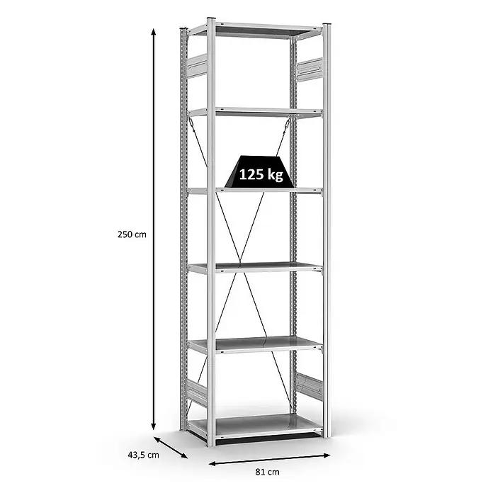 Proregal Metallregal MAGNUS Stecksystem - H x B x T: 250 x 75 x 40 cm, Traglast pro Boden: 125 kg, Anzahl Böden: 6 Stk., Stecken, Verzinkt