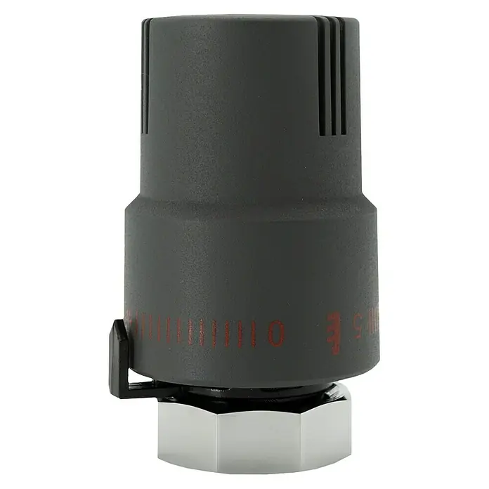 Sanicomfort Thermostatkopf Premium - Dunkelgrau, M 30 - Nahaufnahme eines Drehmomentadapters mit roter Skala und Sechskantbasis, der Präzision und Werkzeugqualität verkörpert.
