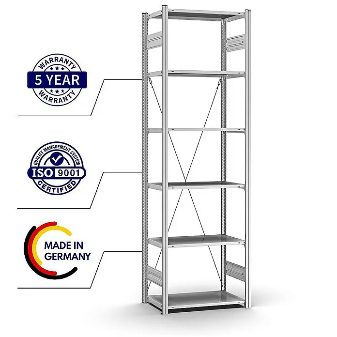 Proregal Metallregal MAGNUS Stecksystem - H x B x T: 250 x 75 x 40 cm, Traglast pro Boden: 125 kg, Anzahl Böden: 6 Stk., Stecken, Verzinkt