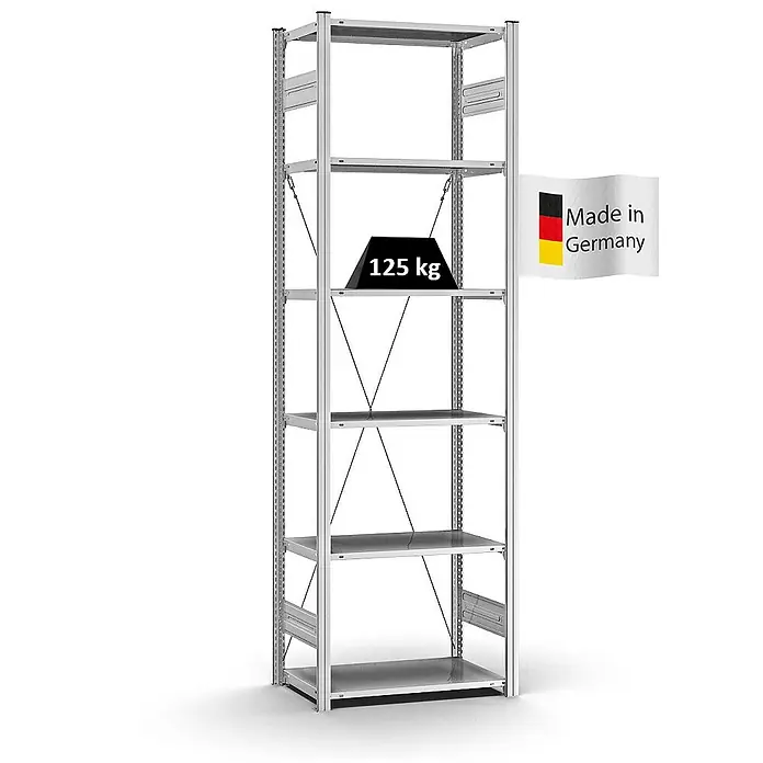 Proregal Metallregal MAGNUS Stecksystem - H x B x T: 250 x 75 x 40 cm, Traglast pro Boden: 125 kg, Anzahl Böden: 6 Stk., Stecken, Verzinkt