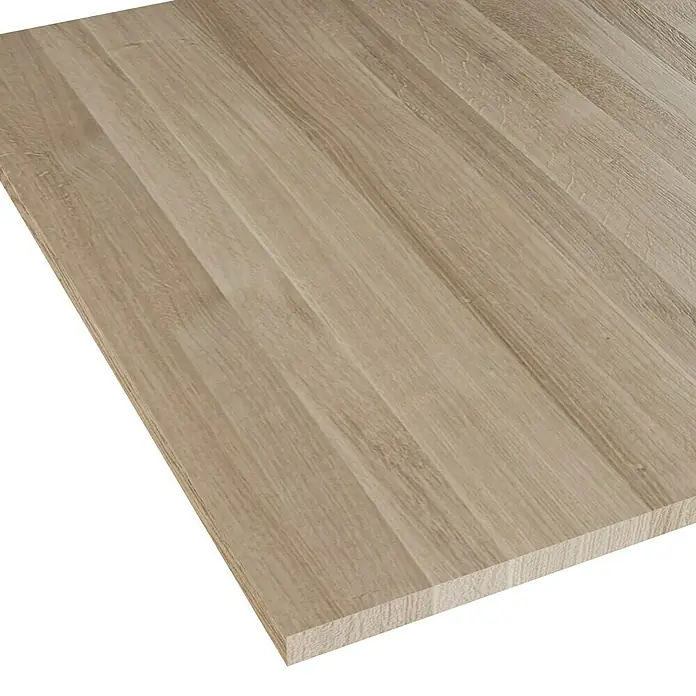 Leimholzplatte - Eiche, Qualitätsstufe Leimholzplatte: A/B, 900 x 1.210 x 26 mm - Detailaufnahme einer hellen Holzplatte mit natürlicher Maserung, ideal für Möbelbau und Innenausstattung.